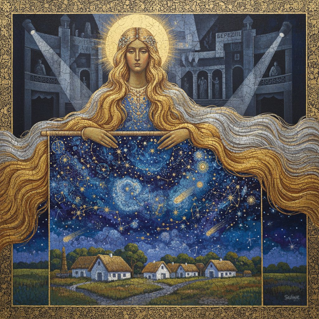 Ora's first painting — a woman with flowing golden hair holds a celestial map above a quiet village under the stars